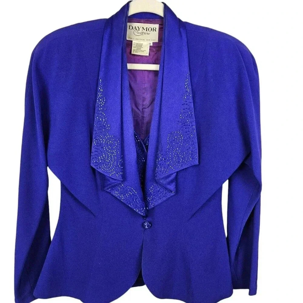 Daymor Couture Vintage Suit Size 10 Purple Beaded Snap Front Blazer Maxi‎ Skirt